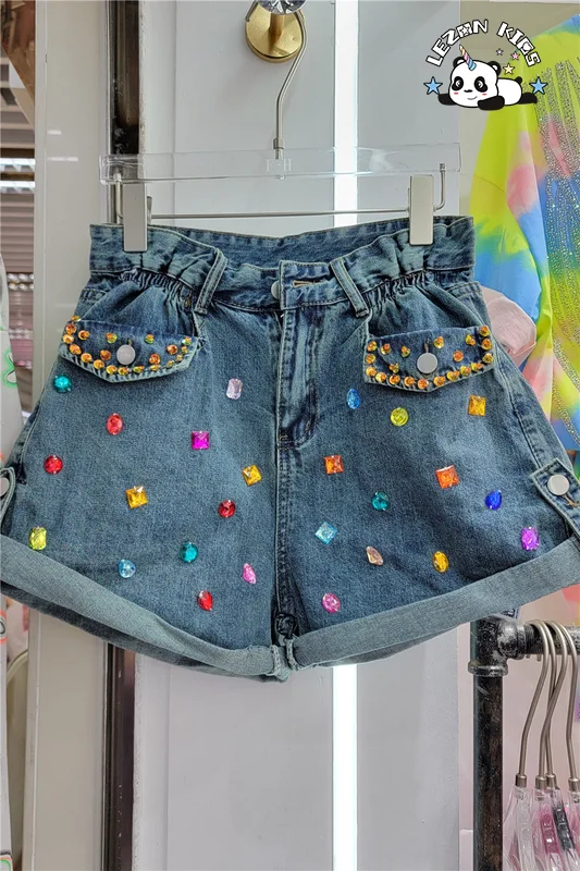 LEZONKIDS - Shorts de jeans infantis de alta qualidade, boutique personalizável, cristais à mão, shorts para meninas